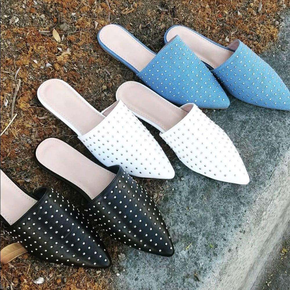 Studded Vegan Leather Pointy Toe Mule Flats white